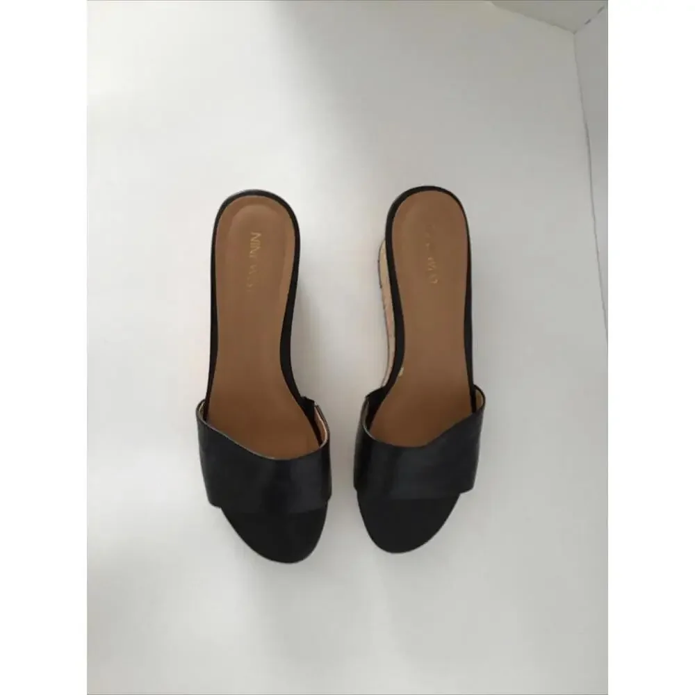 Nine West Black Leather Cork Wedge Slide on Sandal Woman’s Size 9.5 - Picture 5 of 9